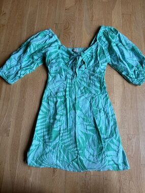 Billabong Blue and Green Tropical Print Puff-Sleeve Mini Dress